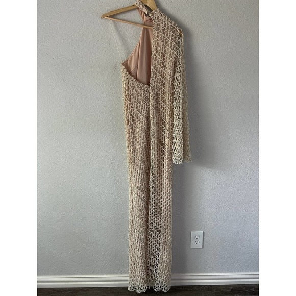 Sandra Mansour Cream Crochet Net One Shoulder Asymmetric Maxi Dress - Picture 9 of 12